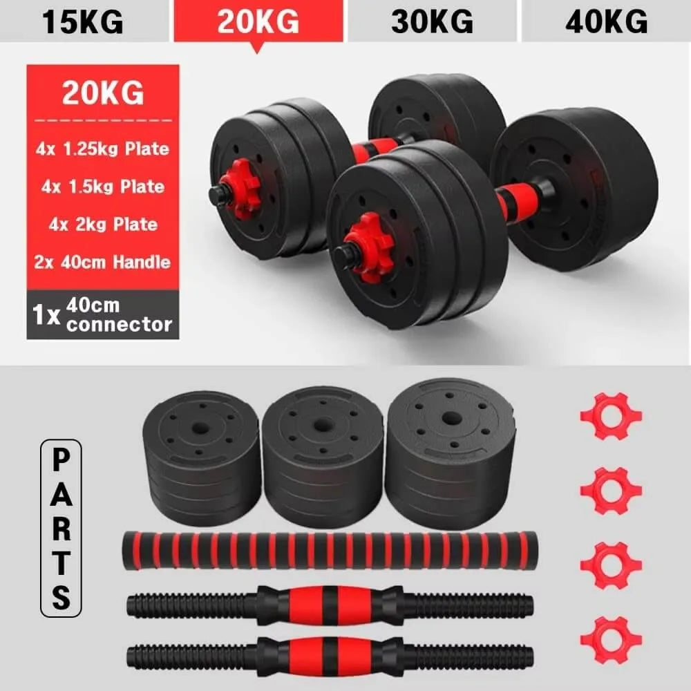 Adjustable Dumbbells 3-in-1 Set, perfect for home gym, includes 10 kg, 15 kg, 20 kg, and 30 kg weights with high-quality coated discs and non-slip handles for versatile training and strength development.