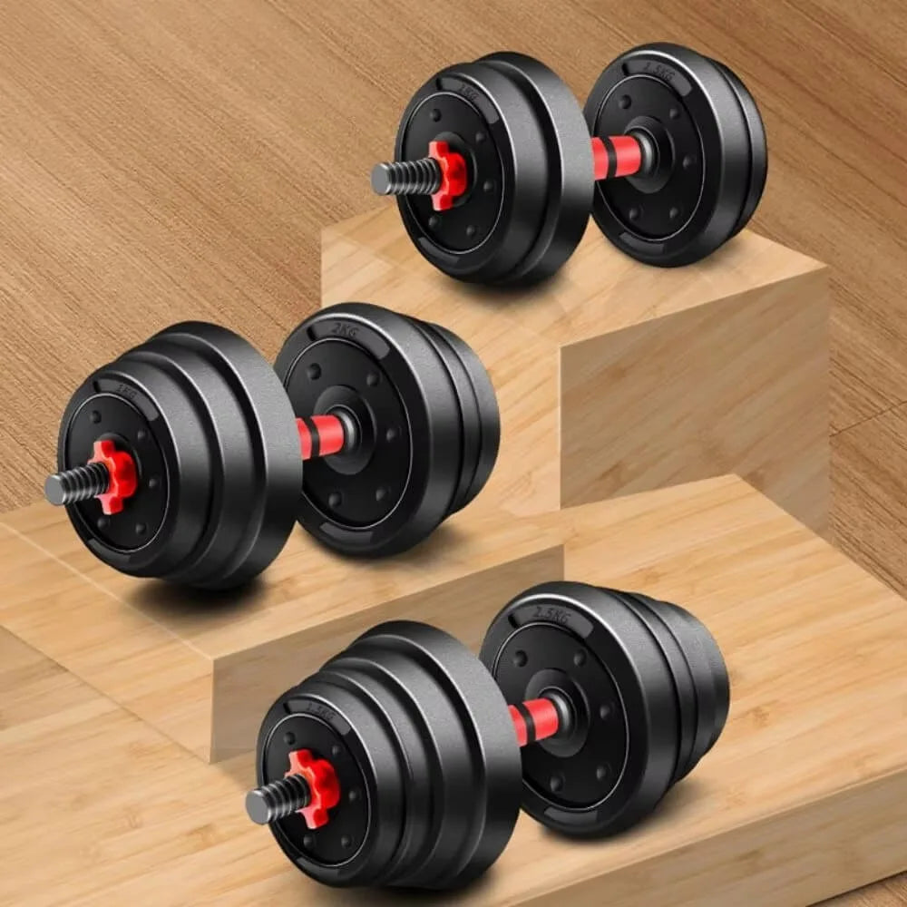 Adjustable Dumbbells 3-in-1 Set, perfect for home gym, includes 10 kg, 15 kg, 20 kg, and 30 kg weights with high-quality coated discs and non-slip handles for versatile training and strength development.