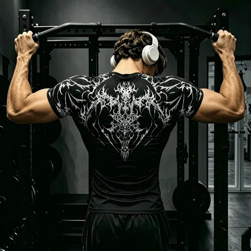 Men's Short Sleeve Tshirt with Tribal Gothic Skull Graphic Y2K Breathable Gym Training Daily Wear Urban Punk Fitness Sporty Top