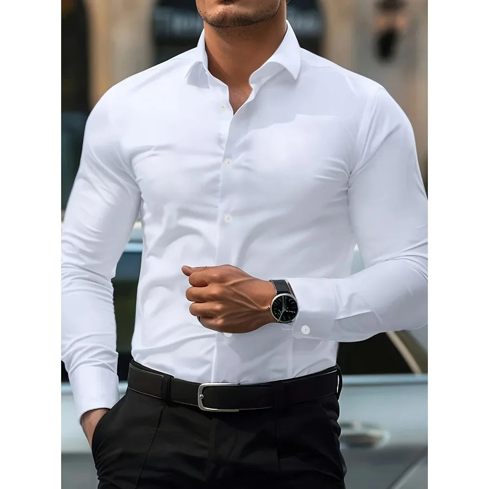 2025 Men's Shirt Brand New Solid Color Long Sleeve Smart Casual Four Season Elastic Male Business Shirts