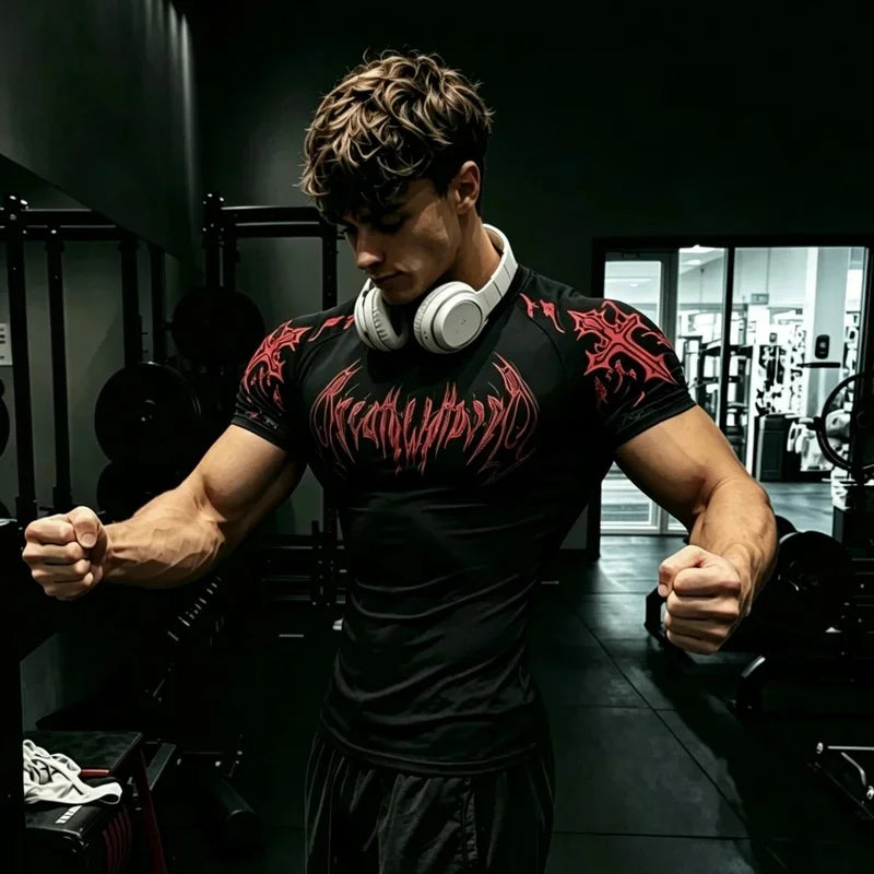 Men's Short Sleeve Tshirt with Tribal Gothic Skull Graphic Y2K Breathable Gym Training Daily Wear Urban Punk Fitness Sporty Top