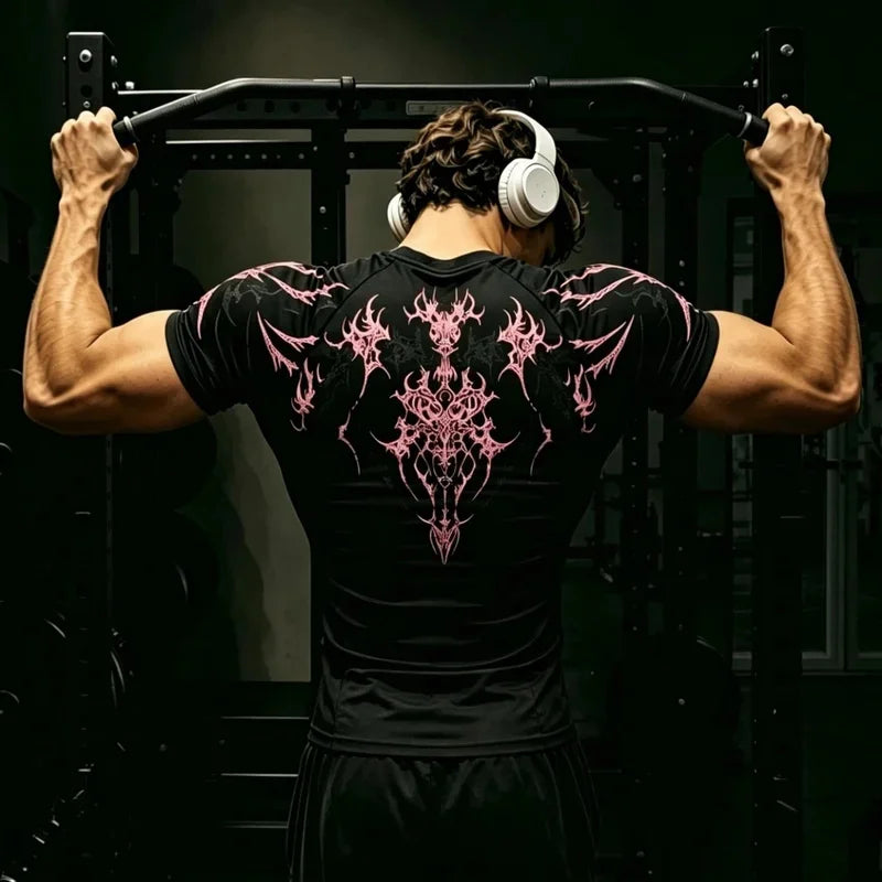 Men's Short Sleeve Tshirt with Tribal Gothic Skull Graphic Y2K Breathable Gym Training Daily Wear Urban Punk Fitness Sporty Top