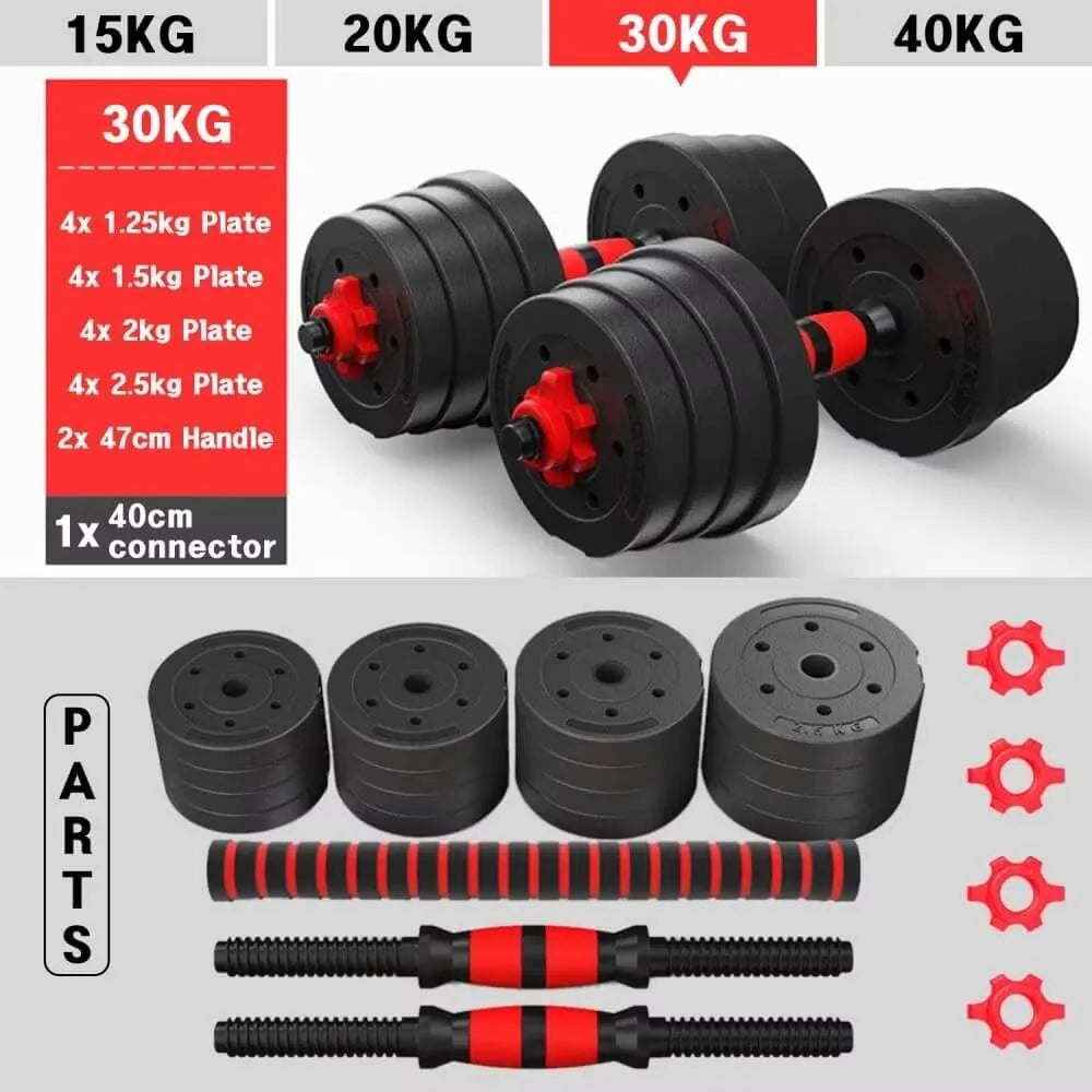 Adjustable Dumbbells 3-in-1 Set, perfect for home gym, includes 10 kg, 15 kg, 20 kg, and 30 kg weights with high-quality coated discs and non-slip handles for versatile training and strength development.