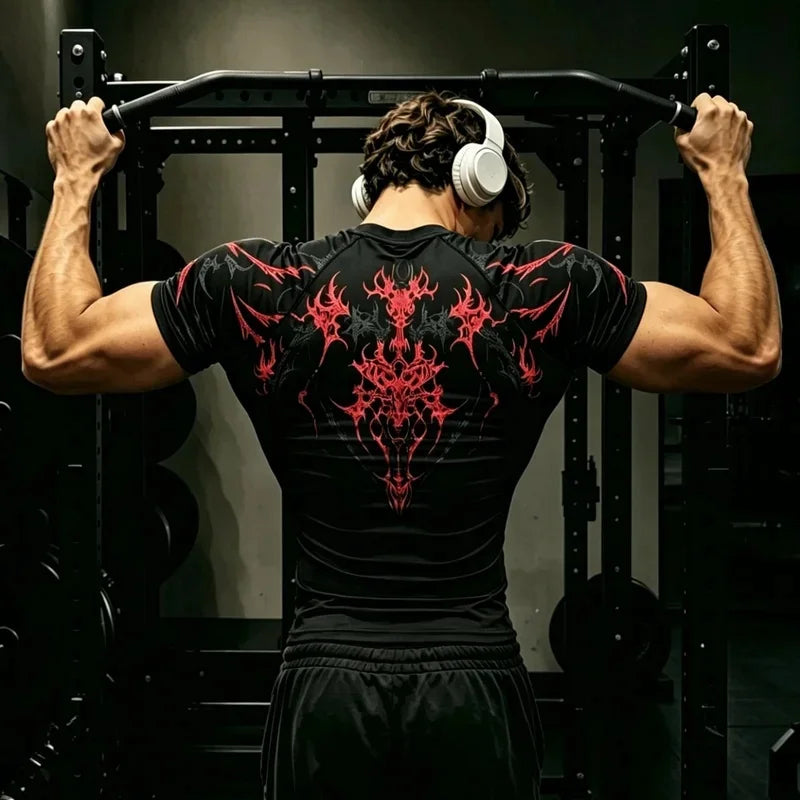 Men's Short Sleeve Tshirt with Tribal Gothic Skull Graphic Y2K Breathable Gym Training Daily Wear Urban Punk Fitness Sporty Top