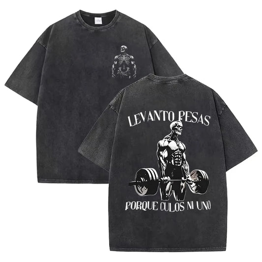 Funny Skeleton Calacas Chidas Gym Print T-shirts Summer Short Sleeve Washed Tshirt Streetwear Oversized Tees Men's Gym Clothing